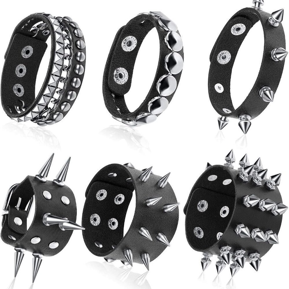 Leather Punk Bracelets 6 Pcs Men Women Rivets Cuffs Halloween Accessories
